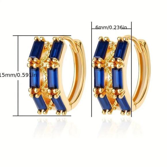 ✨🆕✨ Elegant 18K Plated Gold Simulated Sapphire Blue Hoop Earrings✨ - Picture 7 of 13